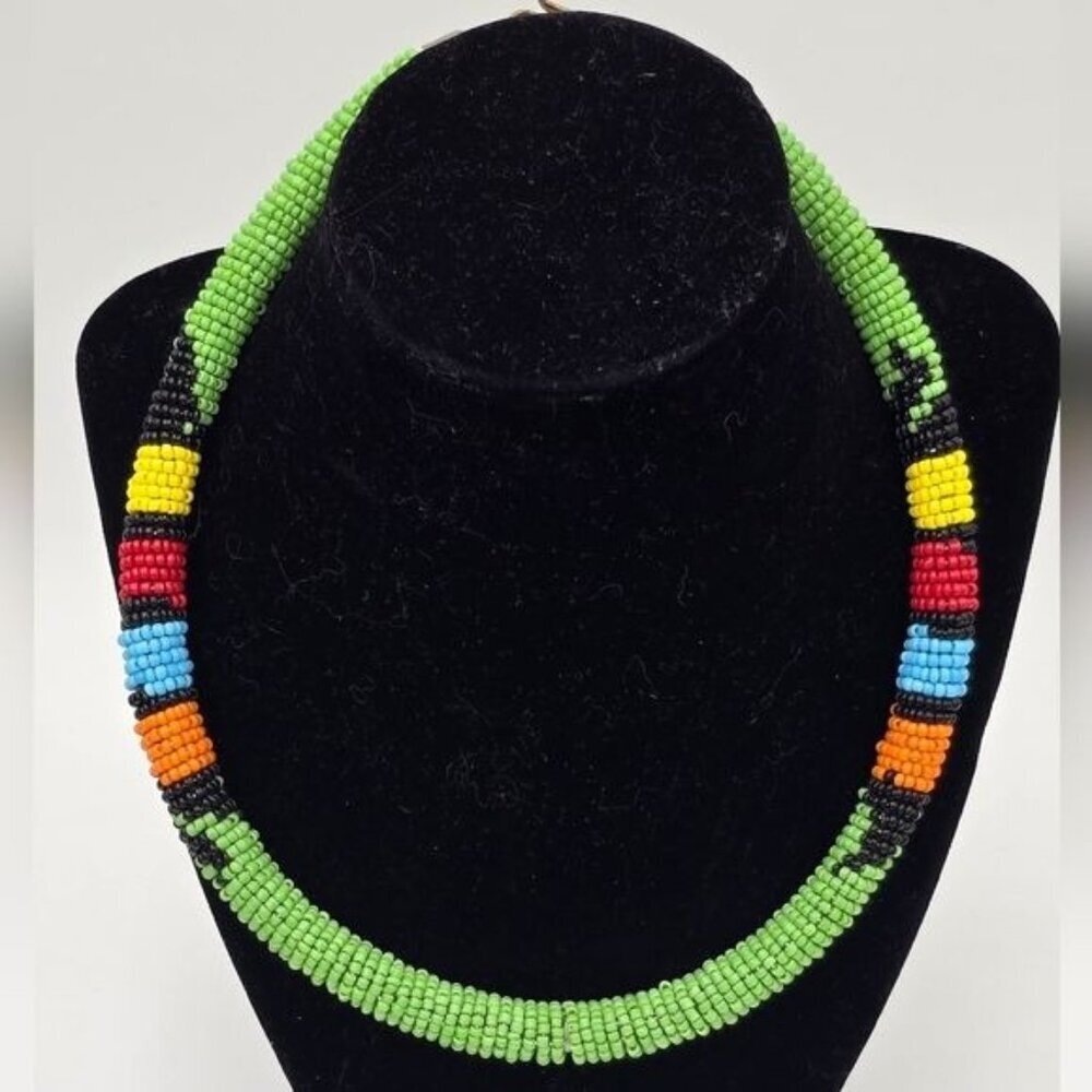 Traditional Maasai African Handcrafted Beaded Necklace Green Multicolored 20"